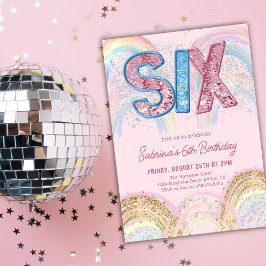 Convite Glitter Sequin Rainbow 6th Birthday Invitation