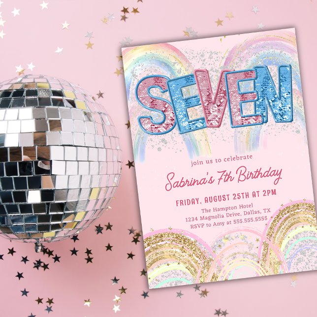 Convite Glitter Sequin Rainbow 7th Birthday Invitation (Criador carregado)