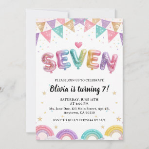 Convite Glitter SETE Menina Arco-íris Lantejoula 7º Aniver