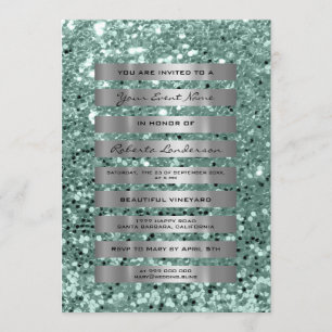 Convite Glitter Silver Cinzas Strips Mint Pastel Verde