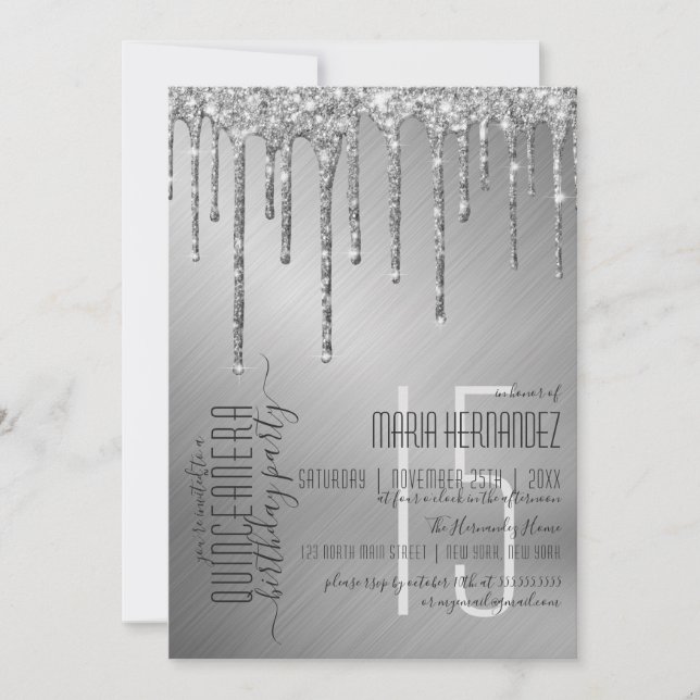 Convite Glitter Silver de Luxo Sparkly Coloca Quinceañera (Frente)