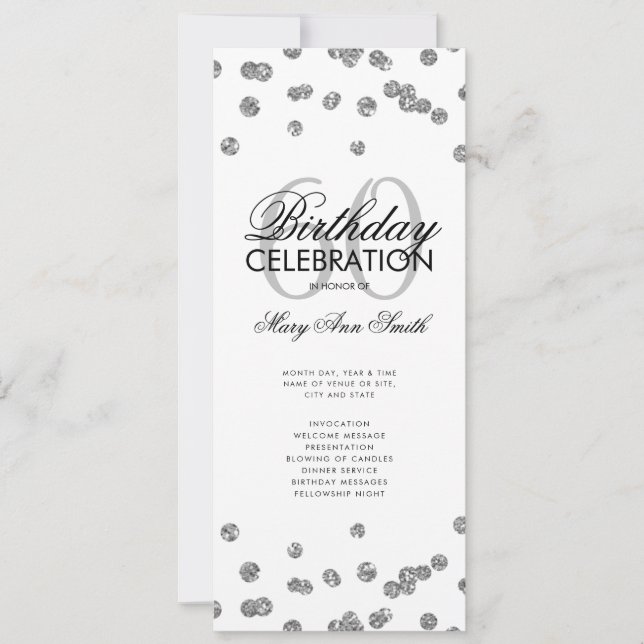 Convite Glitter Silver do Programa de Festa de aniversário (Frente)