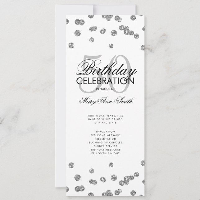 Convite Glitter Silver do Programa de Festa de aniversário (Frente)