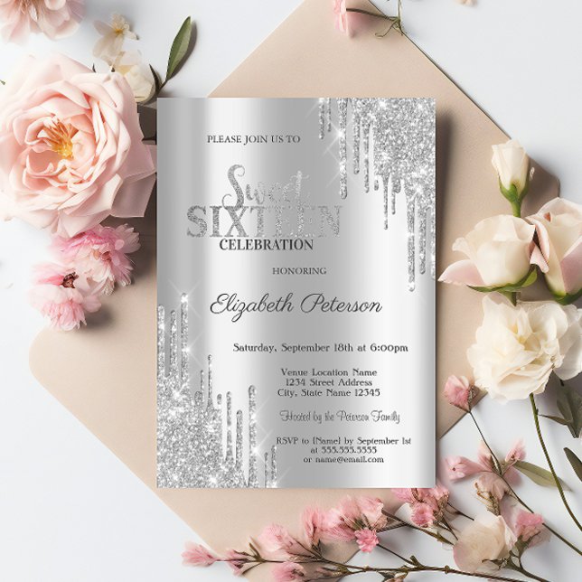 Convite Glitter Silver Moderno Elegante Doce 16 (Criador carregado)