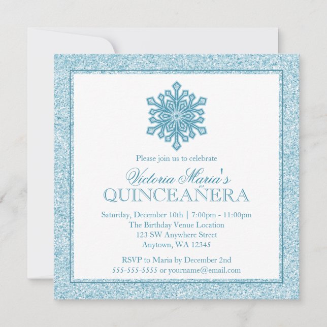 Convite Glitter Snowflake Teal Quinceanera Winter Invits (Frente)