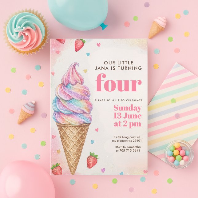 Convite Glitter Sorvete de Arco-Íris Cone de Aniversário  (Criador carregado)