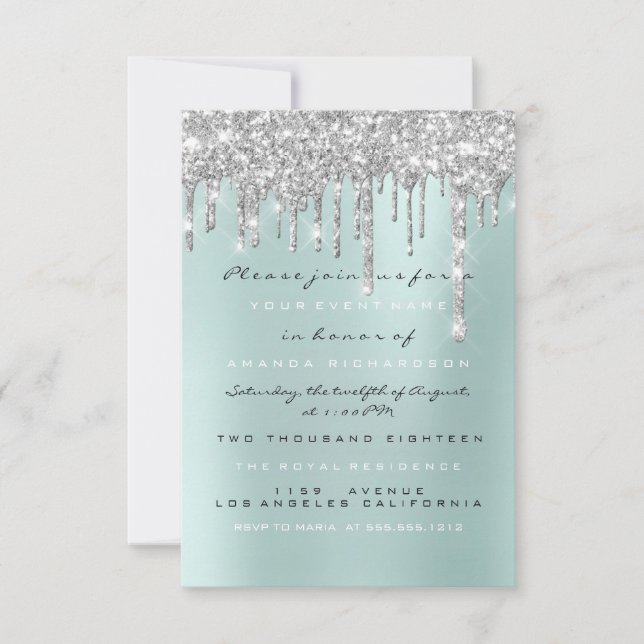 Convite Glitter Spark Drips Silver Aqua Bridal Sweet 16º (Frente)