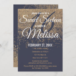 Convite Glitter Sparkles Dourado Marinho Azul Sweet 16