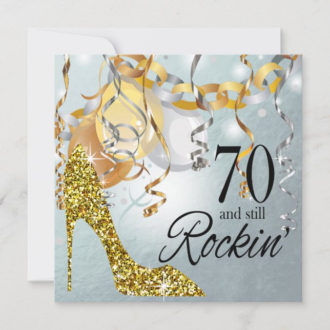 Convite Glitter Stiletto 70 Birthday | ouro prateado (Frente)