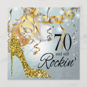 Convite Glitter Stiletto 70 Birthday   ouro prateado