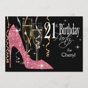 Convite Glitter Stiletto Champanhe Aniversário de 21 anos 