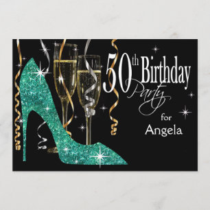 Convite Glitter Stiletto Champanhe Aniversário de 50 anos 