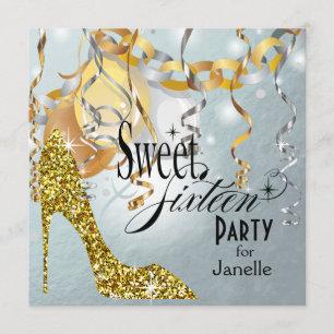 Convite Glitter Stiletto Silver Foil Sweet 16 Party