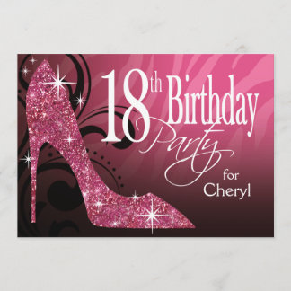 Convite Glitter Stiletto Zebra Aniversário de 18 anos rosa