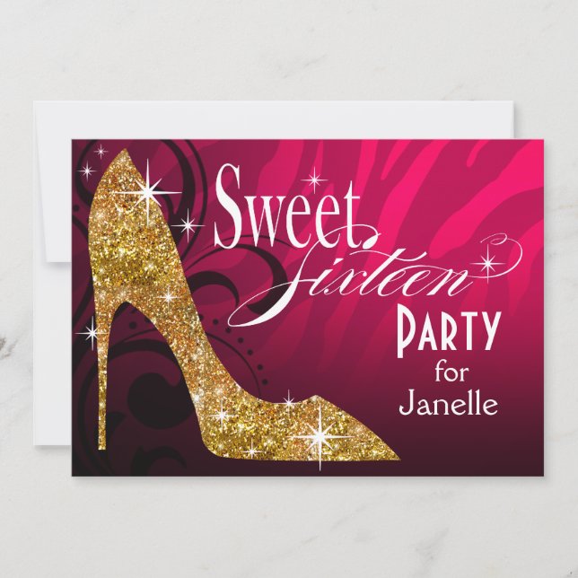 Convite Glitter Stiletto Zebra Sweet 16 Fuschia Gold (Frente)