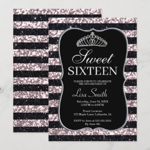 Convite Glitter Tara Sweet 16, Glitter Preto-Chic Elegante