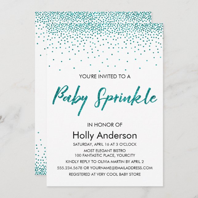Convite Glitter Teal Confetti e Typography Baby Sprinkle (Frente/Verso)