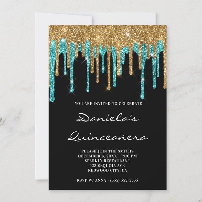 Convite Glitter Teal Dourado Coloca Quinceañera Preta (Frente)