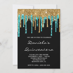 Convite Glitter Teal Dourado Coloca Quinceñera Preta