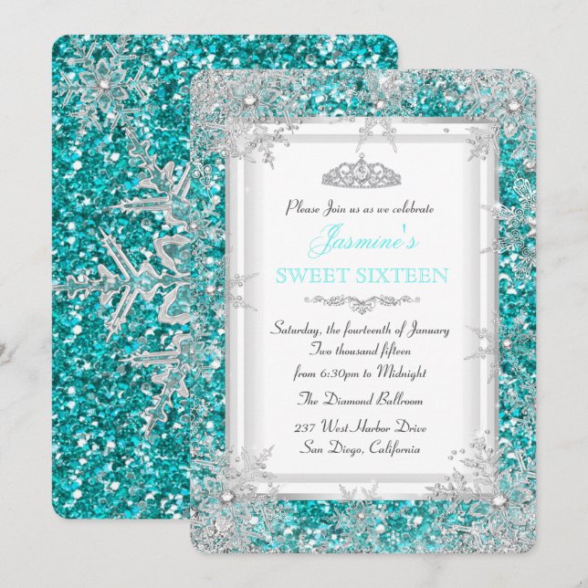 Convite Glitter Teal Silver Winter Wonderland Sweet 16 (Frente/Verso)
