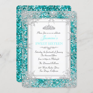 Convite Glitter Teal Silver Winter Wonderland Sweet 16