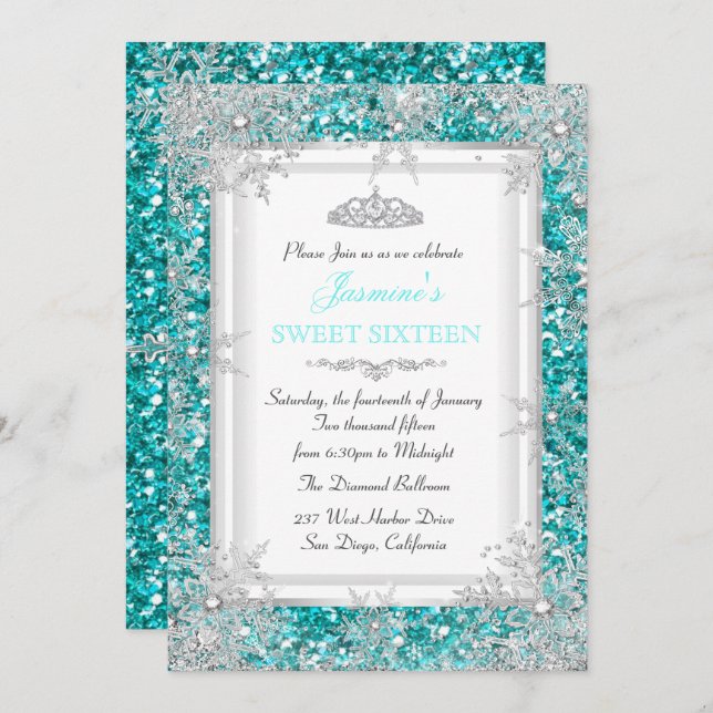 Convite Glitter Teal Silver Winter Wonderland Sweet 16 (Frente/Verso)