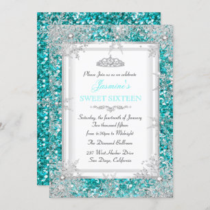 Convite Glitter Teal Silver Winter Wonderland Sweet 16