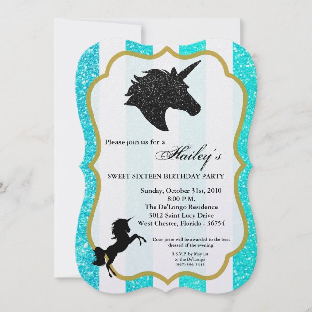Convite Glitter Teal Unicorn Sweet 16 Birthday Invite (Frente)