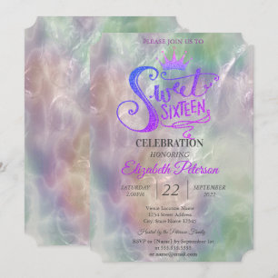 Convite Glitter Tiara Holographic Pearl Sweet 16 Party