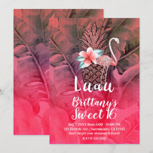 Convite Glitter Tropical Rosa Pineapple Luau Sweet 16