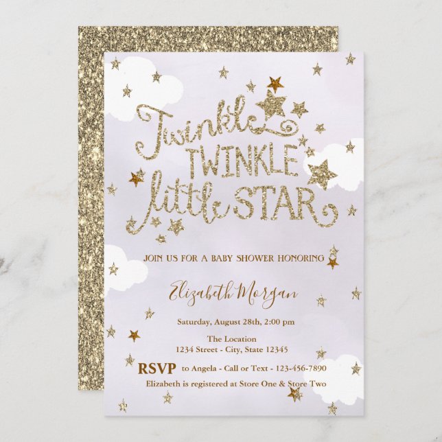 Convite Glitter Twinkle Little Star Lavender Baby Shower (Frente/Verso)
