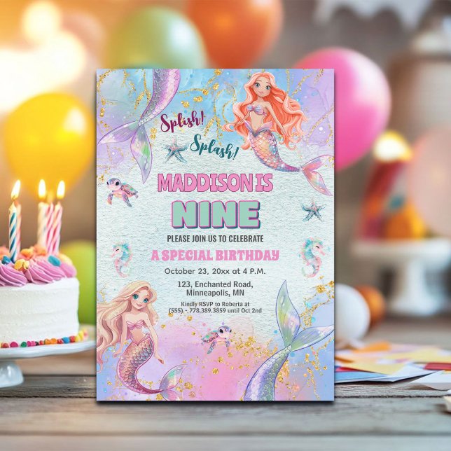 Convite Glitter Under the Sea Mermaids 9th Birthday Party (Criador carregado)