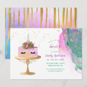 Convite Glitter Unicorn Pink Dourado Sweet 16 Trendy Girls