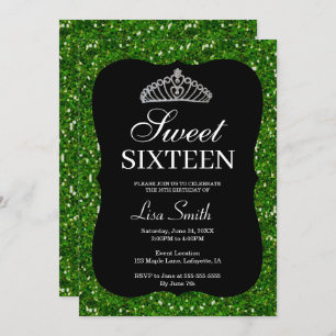 Convite Glitter Verde-Chic Elegante Tiara Sweet 16