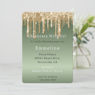 Convite Glitter Verde de Sage Dourado Cai no Aniversário