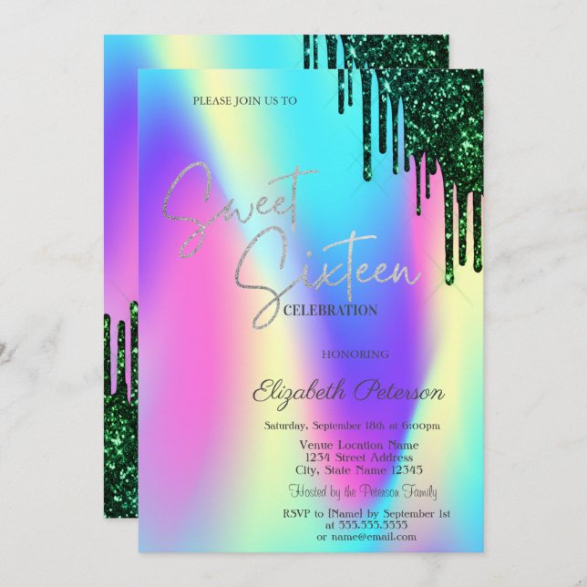 Convite Glitter Verde Dificuldades Holográficas Doce 16 (Frente/Verso)