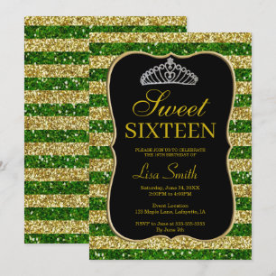 Convite Glitter Verde Dourado Elegante Tiara Sweet 16