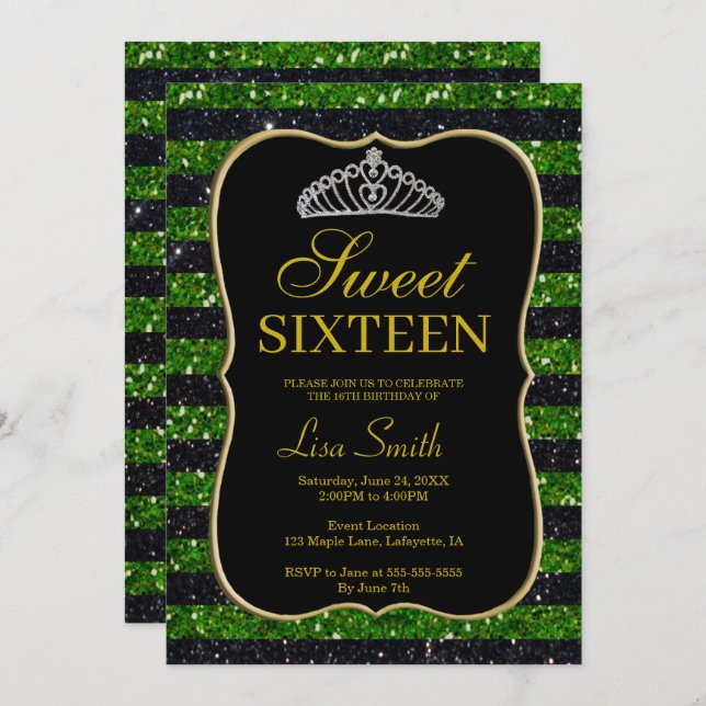 Convite Glitter Verde Negro Elegante Tiara Sweet 16 (Frente/Verso)