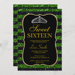 Convite Glitter Verde Negro Elegante Tiara Sweet 16