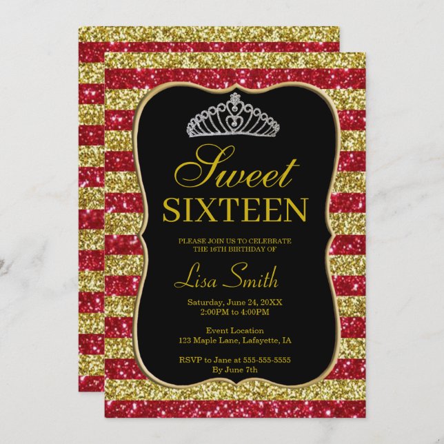 Convite Glitter Vermelho Dourado Elegante Tiara Sweet 16 (Frente/Verso)