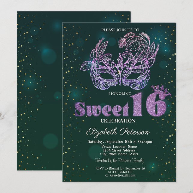 Convite Glitter Violeta  Masque Verde Sweet 16  (Frente/Verso)