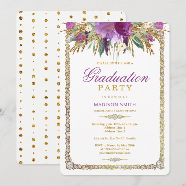 Convite Glitter Watercolor Flowers Bling Formando Party (Frente/Verso)