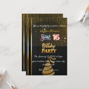 Convite Glittering Black e Dourado doce 16 Aniversário