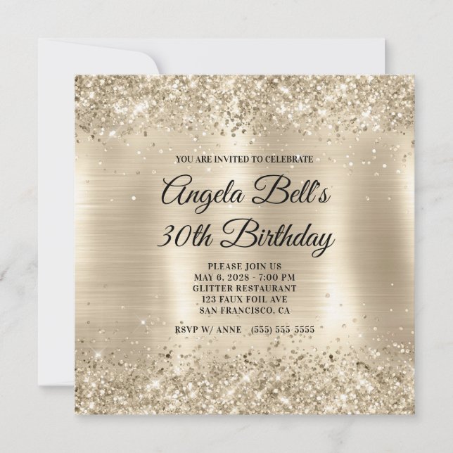 Convite Glittery Champagne Gold Foil aniversário de 30 ano (Frente)
