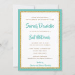 Convite Glittery Dourada e Teal Frame Bat Mitzvah<br><div class="desc">Este convite do Bat Mitzvah de tendência apresenta brilho falso cintilante em camadas sobre um fundo de cor sólida. Use o formulário modelo para adicionar suas próprias informações. Os menus avançados de edição podem ser usados para alterar o estilo,  a cor e o layout da fonte.</div>