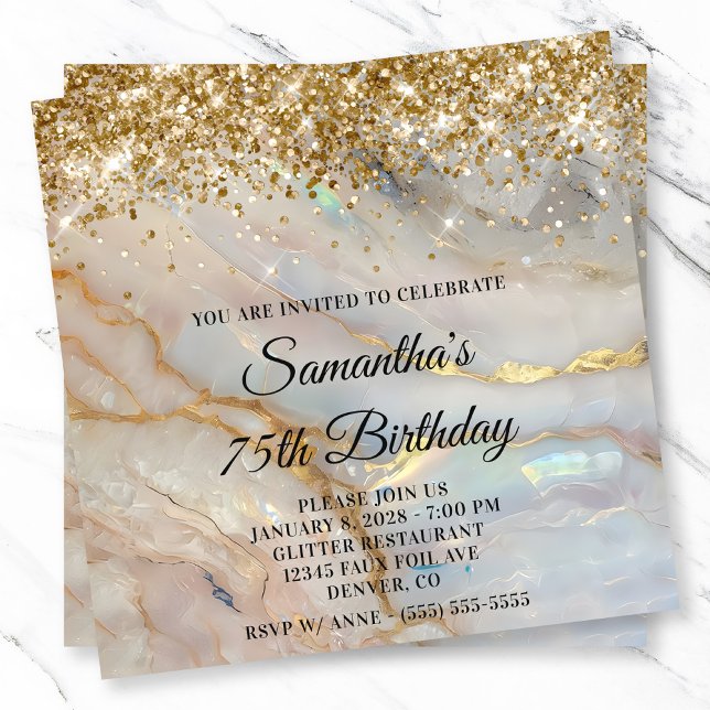Convite Glittery Dourada Marbled Opal 75º aniversário (Glittery Gold Marbled Opal 75th Birthday Invitation)