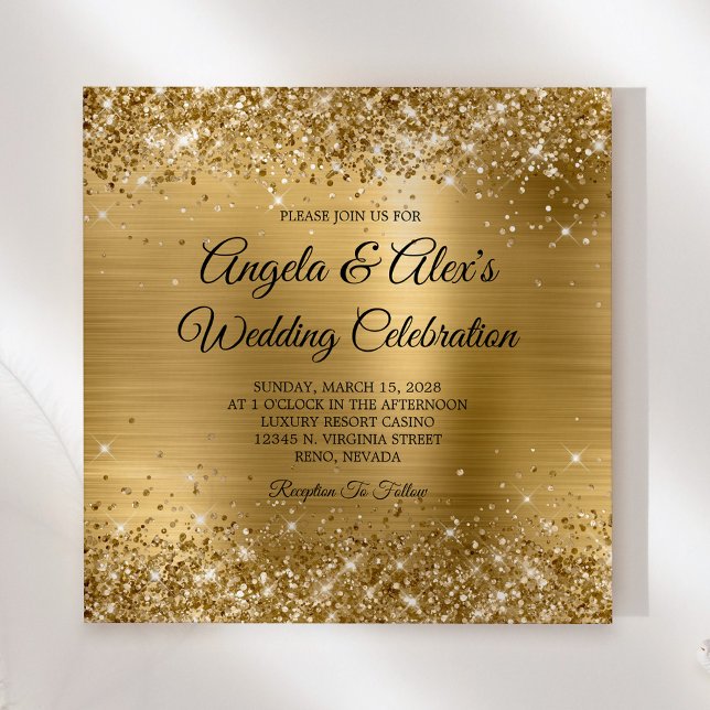 Convite Glittery Dourado Elegante Casamento (Square Invite)