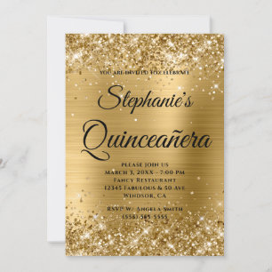 Convite Glittery Dourado Fólio Monograma Rebuscado Quincea