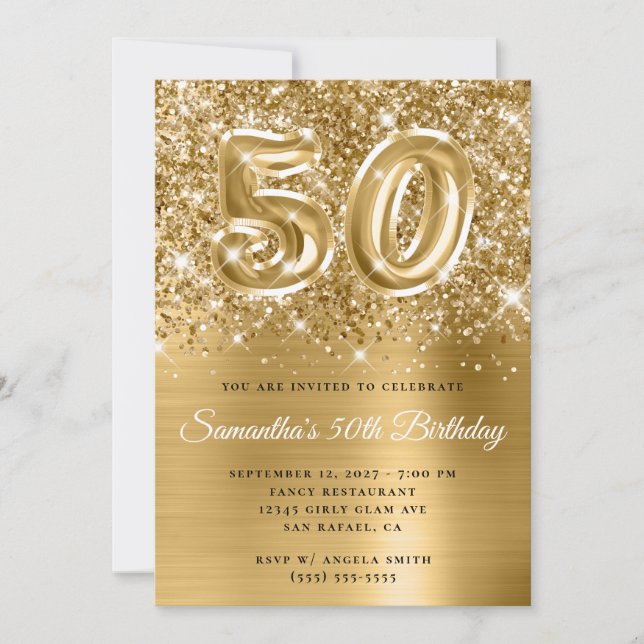 Convite Glittery Dourado Glam Number 50th Birthday (Frente)