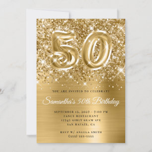 Convite Glittery Dourado Glam Número 50 Anos